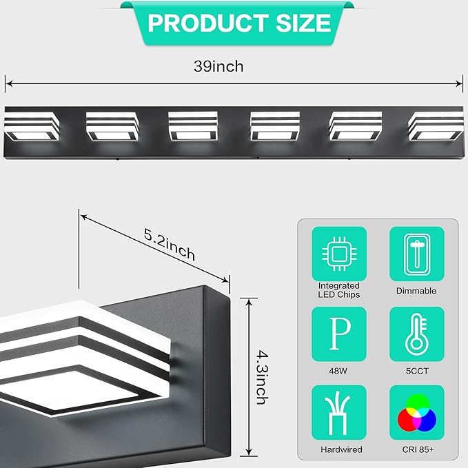 SOLFART Modern Black Vanity Lights Fixtures: 6 Lights Acrylic LED Matte Black Vanity Lights for Bathroom 39inch 5CCT