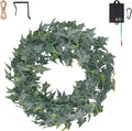 Solar Spring Wreath for Front Door 18in 30LED Pre-lit Spring Summer Greenery Wreaths Artificial Green Eucalyptus Leaf Wreath Home Decor Boxwood for Farmhouse Outside Fall All Seasons