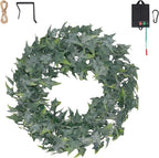 Solar Spring Wreath for Front Door 18in 30LED Pre-lit Spring Summer Greenery Wreaths Artificial Green Eucalyptus Leaf Wreath Home Decor Boxwood for Farmhouse Outside Fall All Seasons