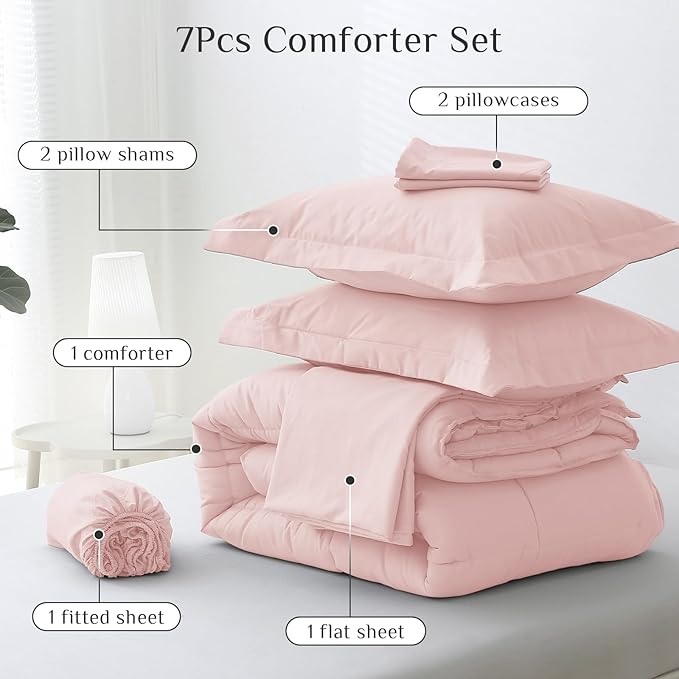 JOLLYVOGUE Queen Comforter Set, Ultra-Soft Bed in a Bag Queen Size 7 Pieces, Oeko-TEX Certified Bedding Set with Down Alternative Comforter, Sheets, Pillowcases & Shams, Blush Pink