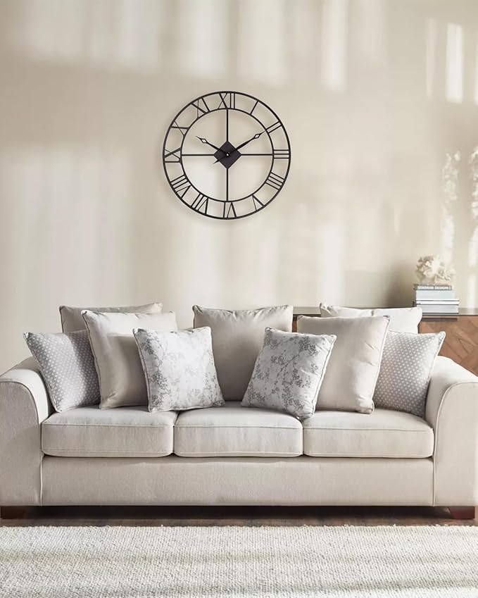 24 Inch Wall Clock, Large Roman Numerals Wall Clocks Battery Operated, Slient Vintage Skeleton Black Metal Indoor Outdoor Clocks for Living Room, Bedroom, Kitchen, Dining Room, Patio Decor