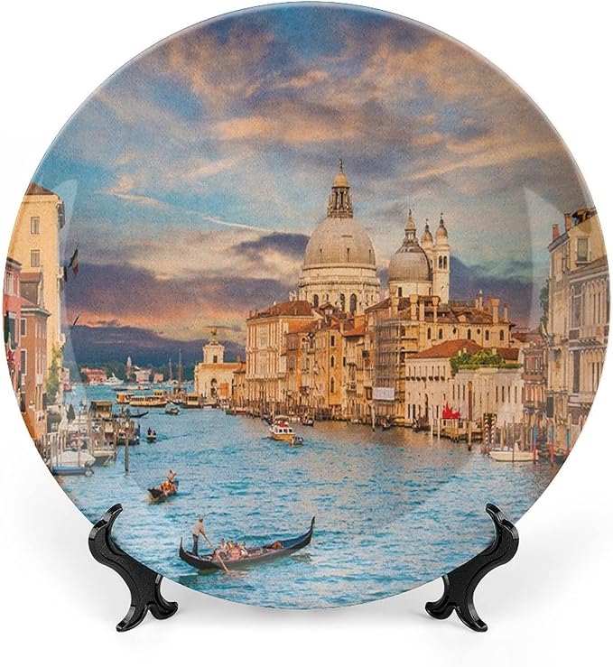 XISUNYA 7 Inch Decorative Plate, Venice Porcelain Plate, Gondola on Famous Canal Grande Print Ceramic Display Plate for Decorative Ornaments Giving Plates, 1 Plate with 1 Display Stand, Blue Cream