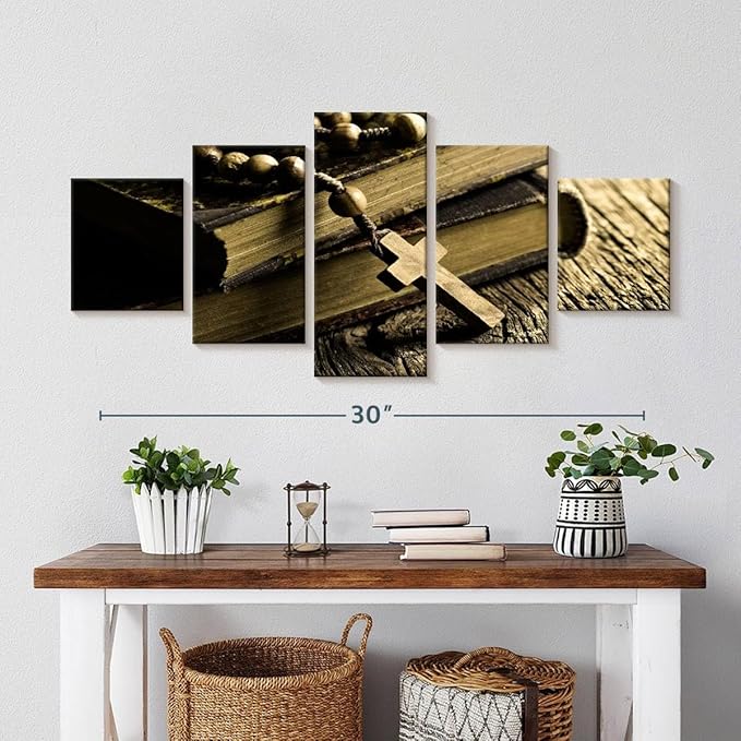 Elephant Stock Bible And Cross Wall Art Multi Piece Canvas - 5 Panel Christian Pictures Decor - Digital Design Canvas Print - Christian Wall Decor - 36" X 15"