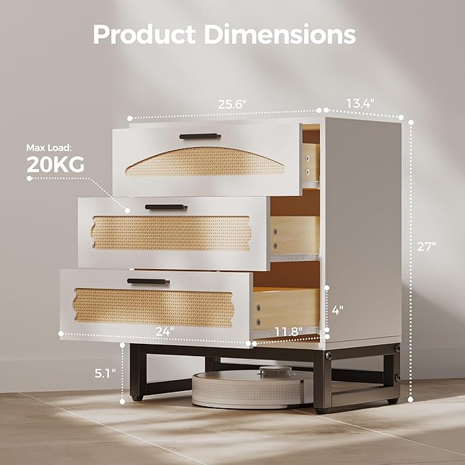 Mericonia 3 Drawer Rattan Dresser for Bedroom, Wood Dresser for Closet with Metal Handles, Small Boho Nightstand Sets, Dressers & Chests of Drawers for Bedroom, Hallway and Entryway, White