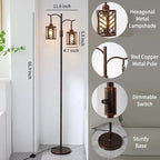 Industrial Vintage Dimmable Lamp, 2 Classical Lanterns Rustic Farmhouse Floor Lamp with Bronze Gold Finish, for Living Room Bedroom (Red Copper)