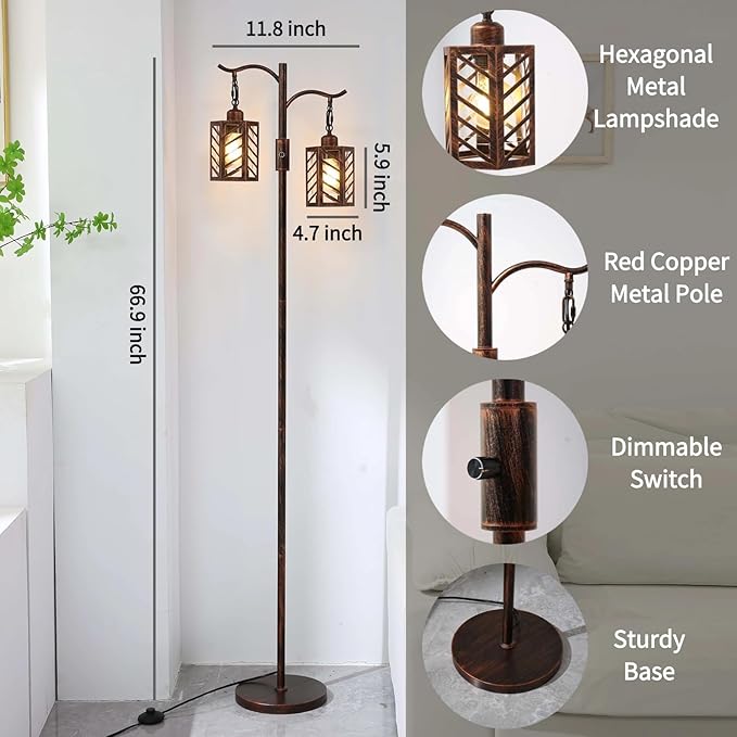 Industrial Vintage Dimmable Lamp, 2 Classical Lanterns Rustic Farmhouse Floor Lamp with Bronze Gold Finish, for Living Room Bedroom (Red Copper)