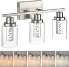 MELUCEE 3 Light LED Bathroom Light Fixtures 3000K-6000K Dimmable Vanity Lights Bathroom Lights Over Mirror Brushed Nickel Wall Light Fixture with Crystal Bubble Clear Glass Shade, Built-in LED Chips