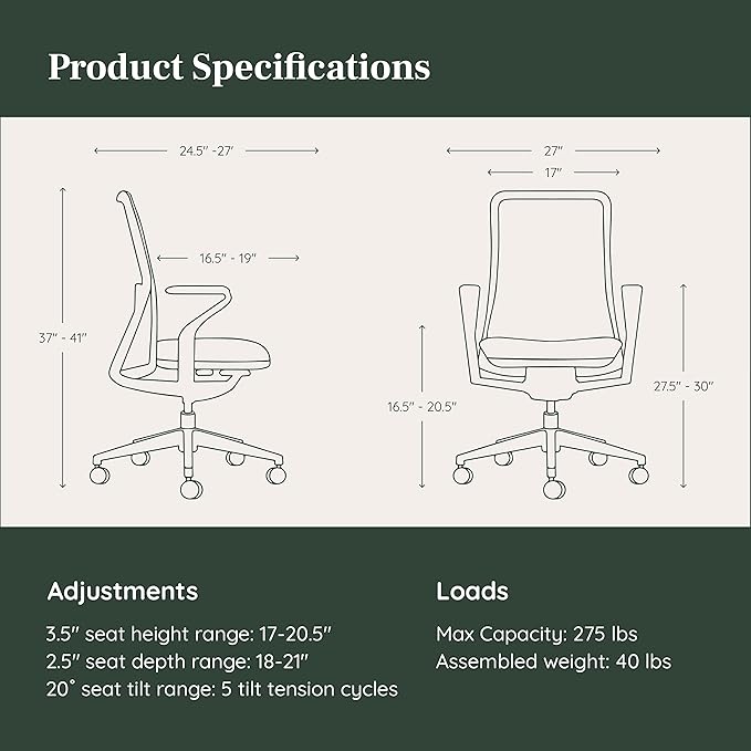 Branch Verve Chair - High Performance Executive Office Chair with Contoured Back and Adjustable Lumbar Support - High Density Foam Cushion and 3D Knit Back - Fits 5' to 6', Up to 275 lbs, Lunar