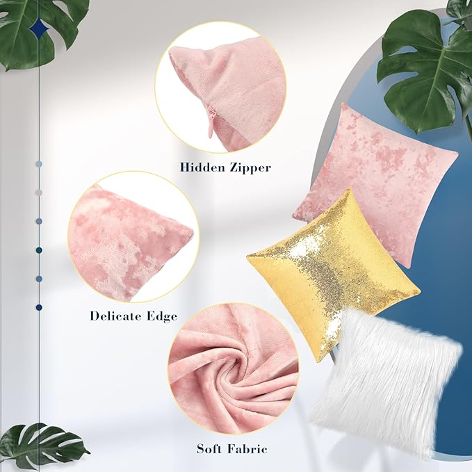 Pack of 6 Decorative Velvet Throw Pillow Covers Solid Square Soft Pillowcase Set Cushion Cases for Sofa Couch Bed Car Christmas Fall Home Decor 18 x 18 inch(Pink Gold White)
