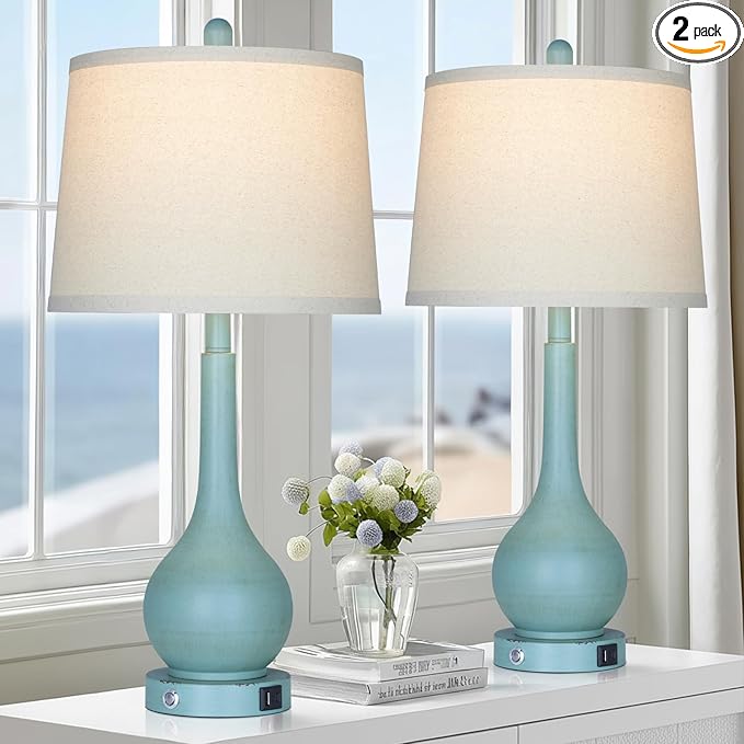 26" Coastal Table Lamps Set of 2, 3-Way Dimmable Touch Control Nightstand Lamps for Bedroom with USB A+C Ports, Modern Farmhouse Bedside Lamp for Living Room, Retro Blue (2 LED Bulbs Included)