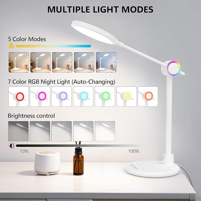 Desk Lamp for Home Office, 800LM Bright Eye-Caring Desk Light, 2900K-5800K Dimmable Table Lamps, Touch Control Computer Light for Reading,Dorm Study