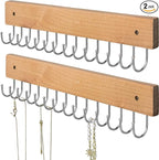 Wall Mounted Necklace Holder, Farmhouse Style Necklace Holder, Tangle Free Wall Jewelry Organizer with 28 Hooks(2 Packs,Natural)
