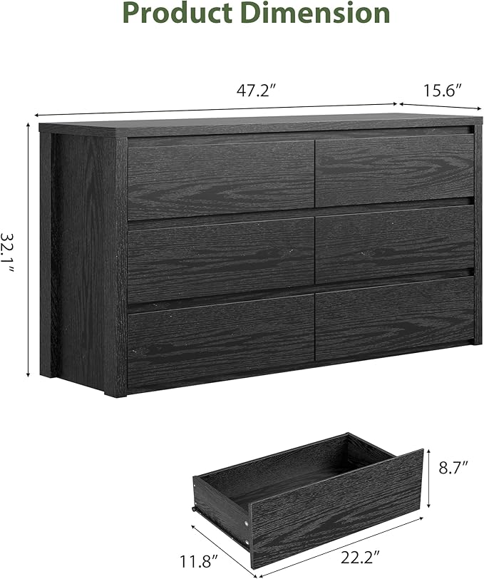 GarveeHome 6 Drawer Dresser for Bedroom, Wide Wood Chest of Drawers Handle Free, Large Modern Dresser Storage Cabinet for Living Room, Hallway Entryway