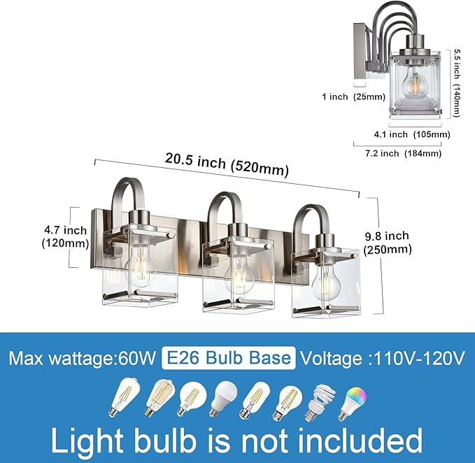 3-Light Bathroom Vanity Light Fixtures, Modern Vanity Lights with Clear Glass Shade Wall Light Brushed Nickel Wall Sconce Lighting for Living Room, Bedroom Kitchen Farmhouse