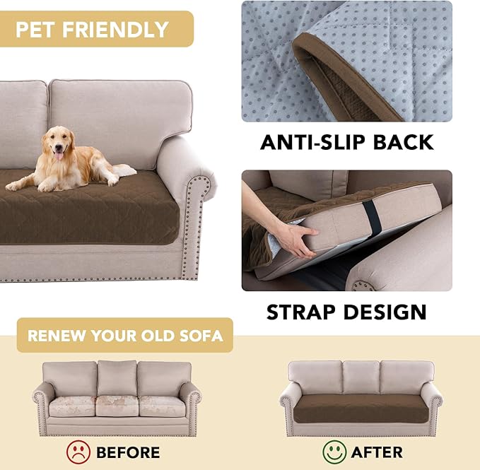H.VERSAILTEX Couch Cover Chenille Pet Fuzzy Sofa Covers for 3 Cushion Couch Anti Slip Washable Sofa Slipcovers with Strap Soft Couch Protector Cover for Dogs Cats Kids(36" x 74", Coco Mocha)
