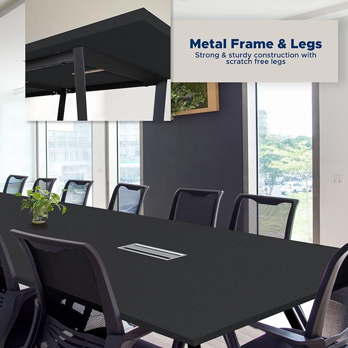 Sturdy Conference Table with Cable Management Grommets Modern Rectangle Office Meeting Table with Wood Tabletop and Metal Frame & Legs- Easy Assembly Boardroom Table (Black, 12 Foot)