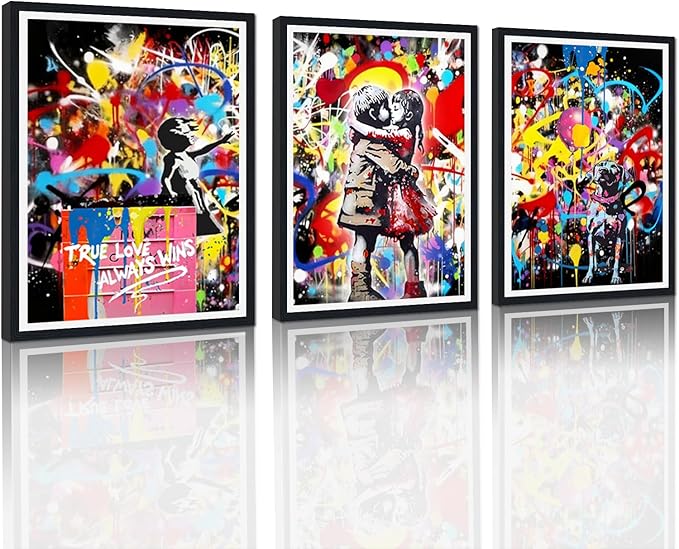 Novatique Banksy Canvas Wall Art for Bedroom Colorful Graffiti Pictures Wall Decor Graffiti Street Print Pictures for Bedroom Living Room Decor,16" x 24" x 3Pcs