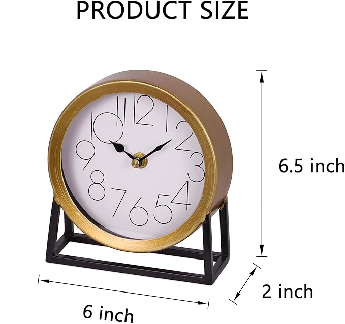 Modern Golden Table Clock on Stand, Decorative Desk and Shelf Clock, Mantel Clock Farmhouse Clock Non-Ticking, Home Décor for Living Room, Bedroom, Bedside, Desk, Gift Clock (Gold)