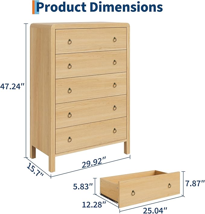 IDEALHOUSE 5-Drawer Dresser, Mid Century Modern Chest of Drawers, Drawer Chest Bedroom Organizer Cabinet with Metal Ring Pulls, Large Dresser Organizer for Bedroom Living Room Hallway Closet