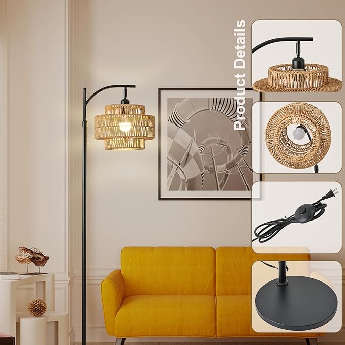 Boho Rattan Floor Lamp with Hand-Woven Wicker for Living Room,Modern 3-Tier Tall Floor Lamp with 3 Color Temperatures Remote & Dimmable 9W Bulb for Dining Room Bedroom Office Hotel(Brown)