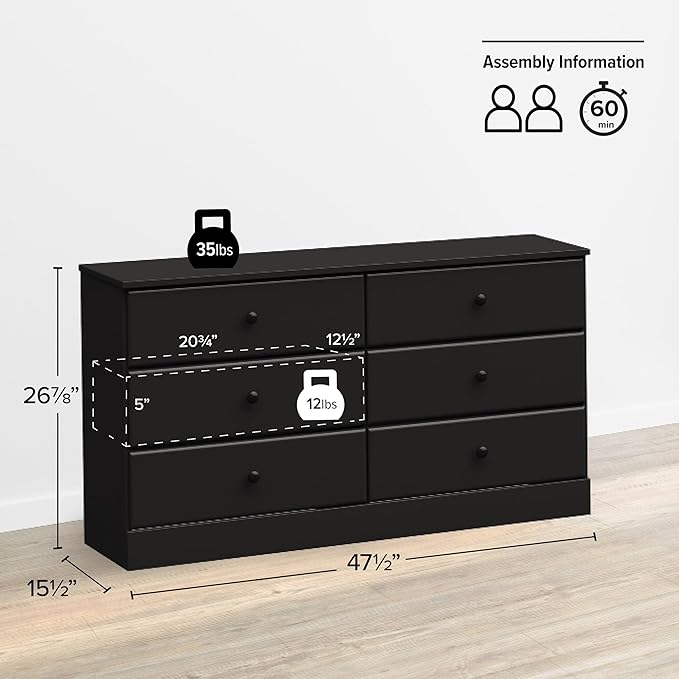 Prepac Astrid 6 Drawer Double Dresser for Bedroom, Wide Chest of Drawers, Bedroom Furniture, Clothes Storage and Organizer, 47.25"W x 28.25"H x 16"D, Black