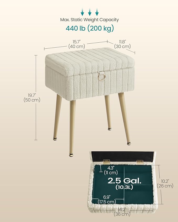 SONGMICS Vanity Stool Chair with Storage, Makeup Stool, Footrest Footstool Ottoman+H6:H29, Metal Legs, Adjustable Feet, for Living Room, Bedroom, Makeup Room, Cappuccino Beige ULOM505LZ02