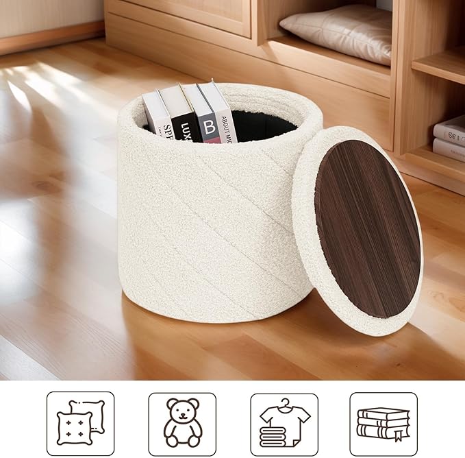 13" Foldable Boucle Round Storage Ottoman,Space-Saving Footrest/Seating/Coffee Table for Small Apartments,Dorms & Bedrooms-White
