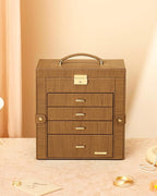 Homde Valentine's Day Gifts Synthetic Leather Huge Jewelry Box Mirrored Watch Organizer Necklace Ring Earring Storage Lockable Gift Case (Brown + Gold)
