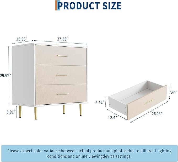 GAOMON White Dresser with Gold Handles,3-Drawer Wooden Nightstand & Narrow Accent Cabinet,Linen-Textured Modern Chest of Drawers for Living Room, Bedroom