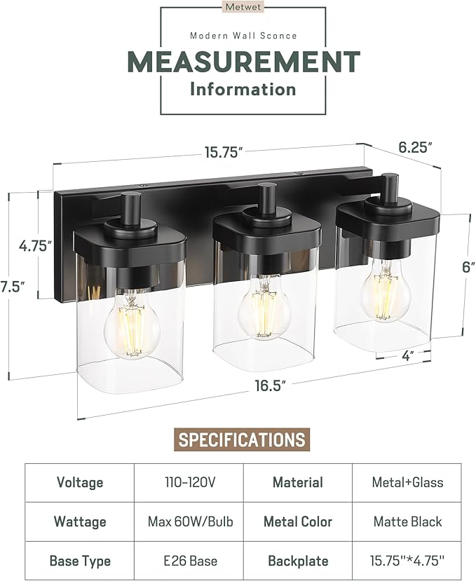 Bathroom Light Fixtures Over Mirror, 3-Light Matte Black Vanity Light with Square Clear Glass Shade, Modern Wall Sconces, Vanity Lighting Fixtures, VL194-MB-3