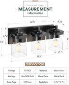 Bathroom Light Fixtures Over Mirror, 3-Light Matte Black Vanity Light with Square Clear Glass Shade, Modern Wall Sconces, Vanity Lighting Fixtures, VL194-MB-3