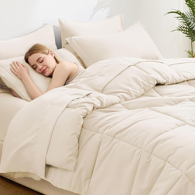 Love's cabin Twin XL Comforter Set Beige, 5 Pieces Twin XL Bed in a Bag, All Season Bedding Sets with 1 Comforter, 1 Flat Sheet, 1 Fitted Sheet, 1 Pillowcase and 1 Pillow Sham