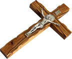Holy Land Market Saint Benedict Wall Crucifix - Handmade Olive Wood & Metal Corpus, 10 Inch Religious Decor