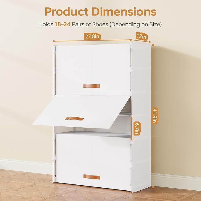 6-Tier Shoe Storage Cabinet with Hard Flip Doors, Holds 18–24 Pairs, Enclosed Dustproof Shoe Rack Organizer for Entryway, Closet & Bedroom, Space-Saving Shoe Shelf, White, 27.8" x 12.0" x 41.9"