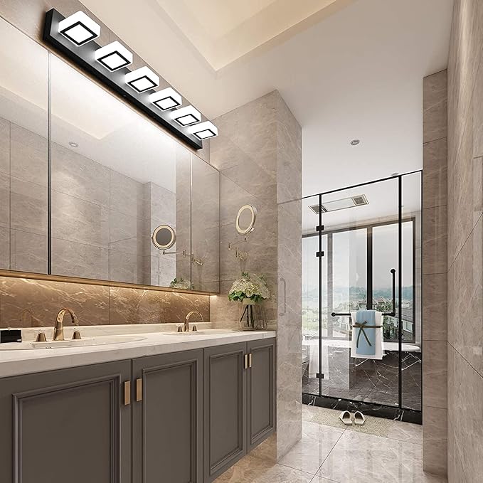 Ralbay 6 Lights Black Bathroom Lights Fixtures 40.4inch Dimmable 5 Color Temperature Black Acrylic Modern Matte Black Vanity Light for Bathroom