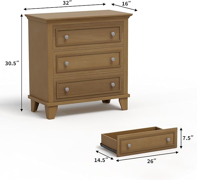 GarveeHome Brown 3 Drawer Dresser for Bedroom, Wide Chest of Drawers with Vintage Handle, Modern Wood Dresser Wide Nightstand Cabinet for Living Room