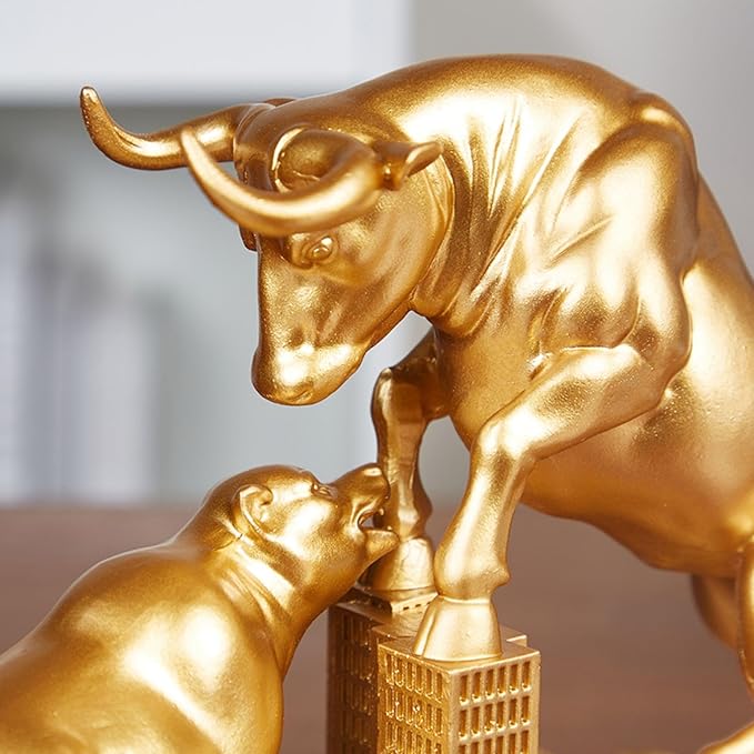 AETVRNI Bull and Bear Statue Wall Street Bull Statue - Ideal Stock Market Gift for Men Office Decoration Wall Street Bull Vs Bear Home Décor Stock Market,Gold