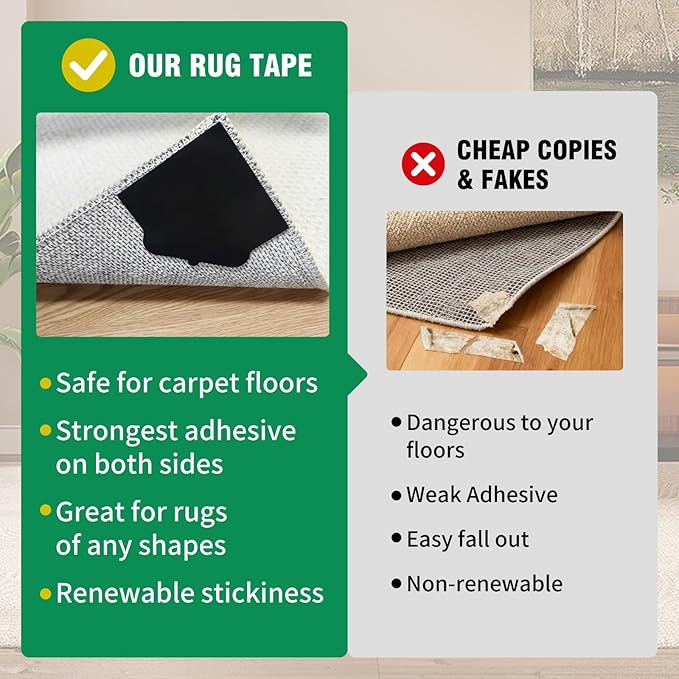 16 PCS Non Slip Rug Pads, Carpet Tape and Rug Tape for Hardwood Floors, Extra Thick and Double Sided Adhesive to Secure Area Rugs on Tile and Laminate, No Residue