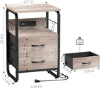 Nightstand with Drawers, Storage Night Stand with Charging Station Type C Port, Small Side Table with Hooks, Wood Metal End Table for Living Room, Bedroom, Dorm, Greige