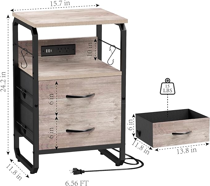 Nightstand with Drawers, Storage Night Stand with Charging Station Type C Port, Small Side Table with Hooks, Wood Metal End Table for Living Room, Bedroom, Dorm, Greige