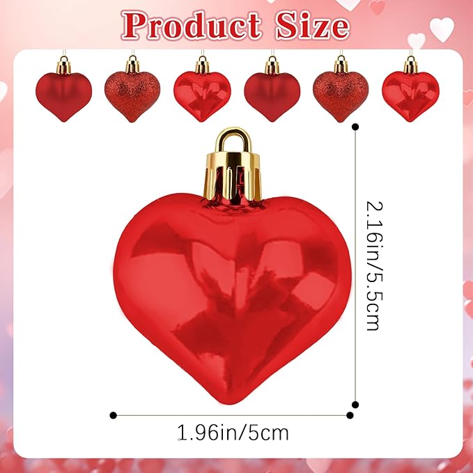 Valentines Day Heart Ornaments, 24Pcs Hanging Heart Ornaments, Glitter Red Heart-Shaped Baubles for Outdoor Wedding Anniversary Mother's Day Romantic Galentines Valentines Day Party Decoration