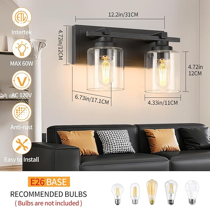 2 Light Modern Bathroom Light Fixtures Over Mirror, Black Vanity Lights for Bathroom Wall Sconces with Clear Glass Shades, E26 Socket (Bulbs Not Included)