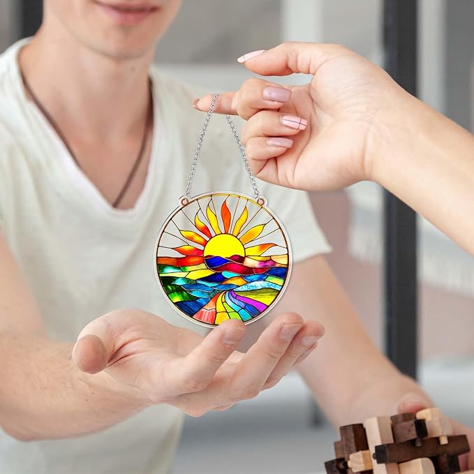 Acrylic Suncatcher for Windows, Colorful Acrylic Hanging Ornament for Indoor Home Decor, Sun Catcher with Sun Mountain Landscape, Ornament