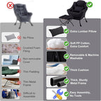 Lazy Chair with Ottoman, Modern Accent Chair with Lumbar Pillow, Black Sofa, Lounge Chairs with Folding Footrest, Oversized Supportive Chairs for Bedroom, Reading