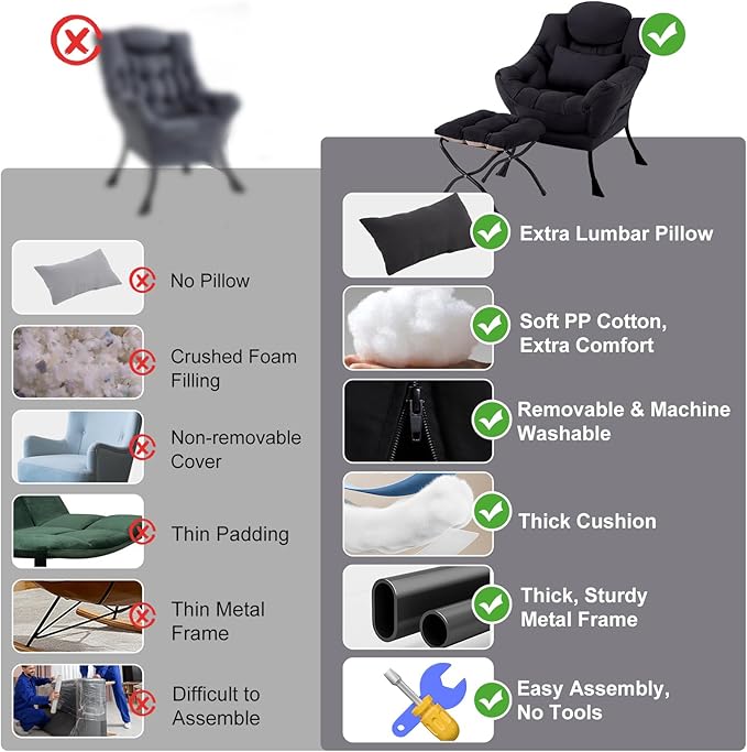 Lazy Chair with Ottoman, Modern Accent Chair with Lumbar Pillow, Black Sofa, Lounge Chairs with Folding Footrest, Oversized Supportive Chairs for Bedroom, Reading