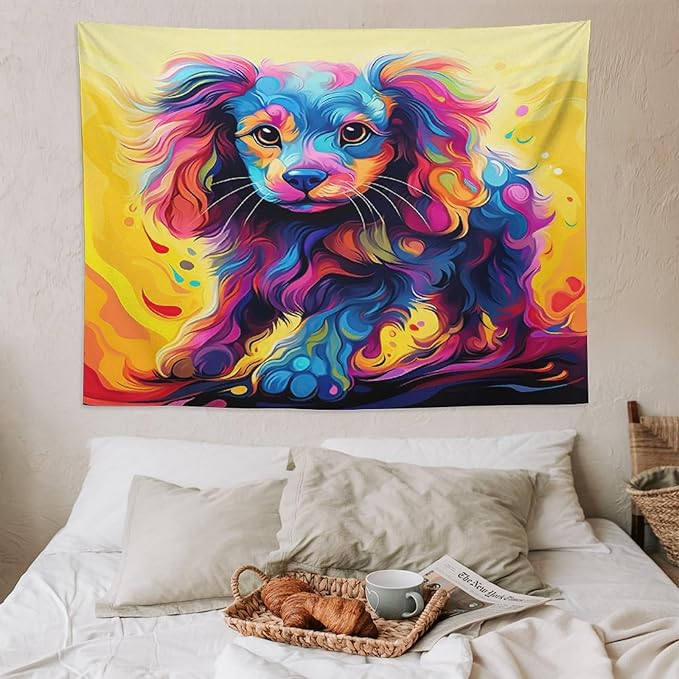 VUMIVI Colorful Cute Dog Tapestry Rainbow-Hued Oil Painting Pet-Themed Abstract Art Print Tapestry Wall Hanging for Living Room Bedroom Dorm Classroom Aesthetic Decor W80xL60in
