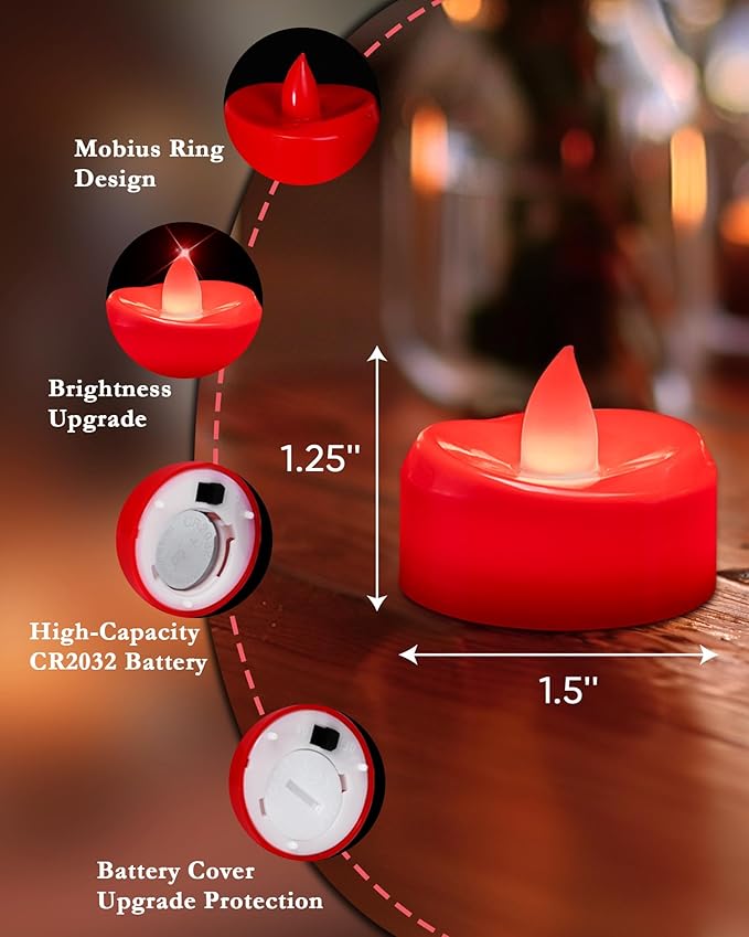 Flameless Candles, 12 Pack Tea Lights Candle Battery Operated, Flameless Tealight Votives, Realistic Tea Lights for Halloween Christmas Party Decor -D 1.5” x H 1.25”-Red Light