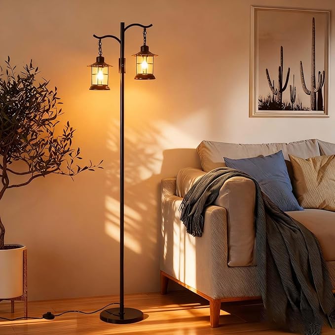 Industrial,Vintage Dimmable Floor Lamp,2 Classical Lanterns Standing Lamp, Rustic Farmhouse Floor Lamp with Black Finish