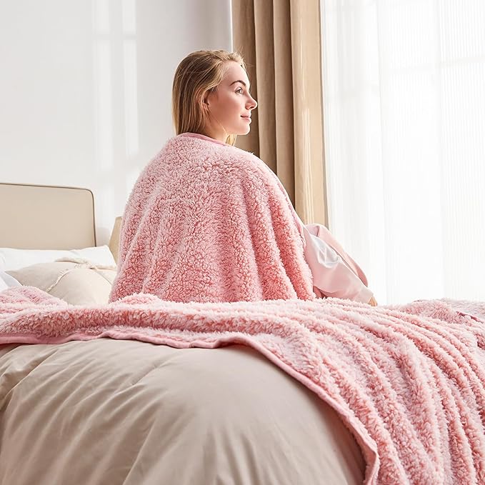 EMME Soft Sherpa Fleece Blanket Reversible Plush Fluffy Large Blanket, Light Weight Warm Decorative Boho Blanket Cover for Sofa, Couch, Bedroom,Travel(Plush Pink,50"x60")