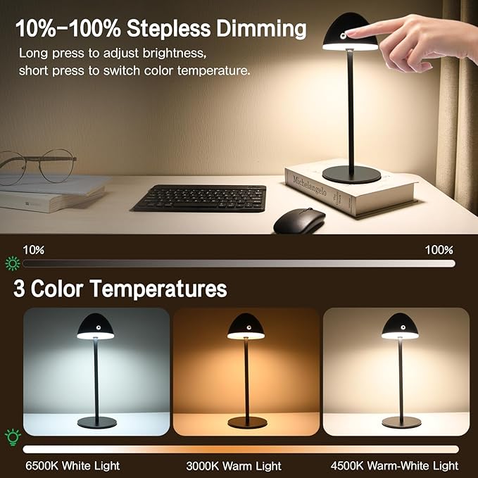 2 Pack Rechargeable Table Lamps, Cordless Bedside Touch Lamp, 3 Color Temps (3000K-6500K), Stepless Dimming, Touch Control, for Restaurant/Bedroom/Outdoor Patry/Camping
